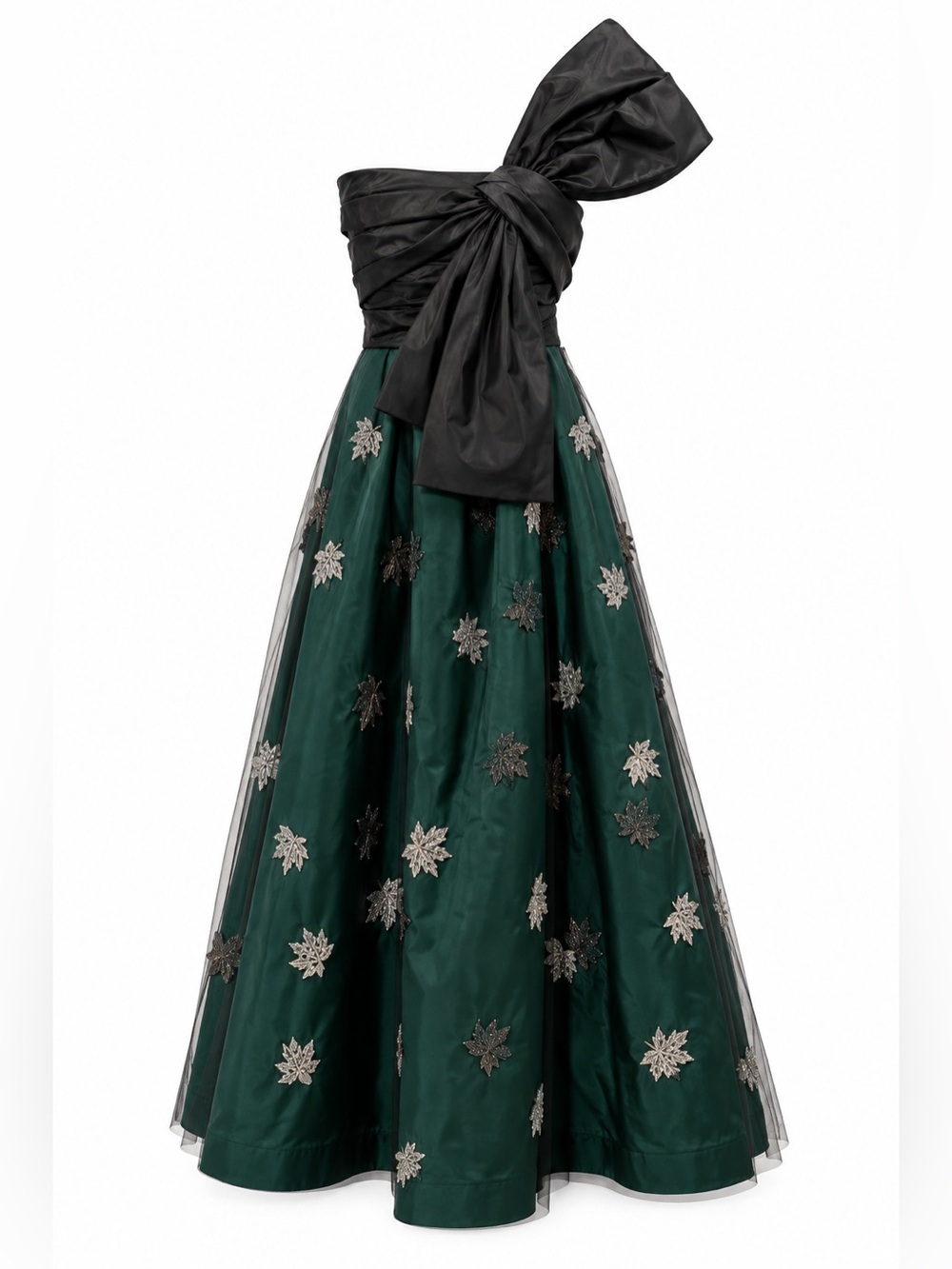 Handmade Emerald Green Black Bow Embroidered Tulle Formal Gown